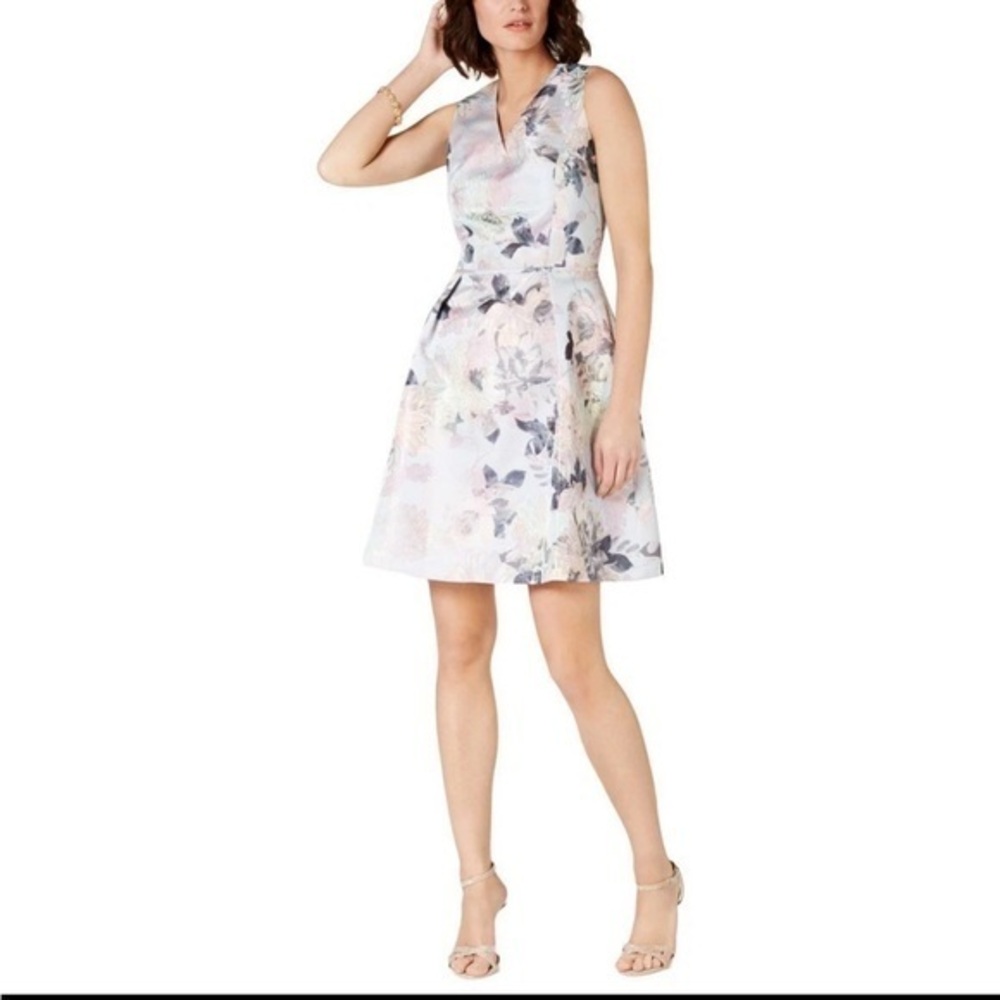 Tahari ASL Pastel Watercolor Floral Brocade A-Line Fit & Flare Dress Size 6